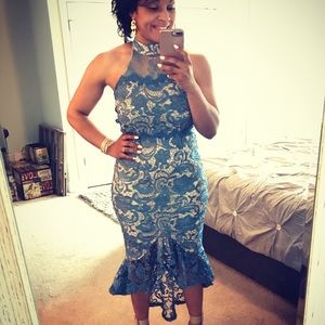 Romy Blue Nude Illusion Crochet Midi Dress